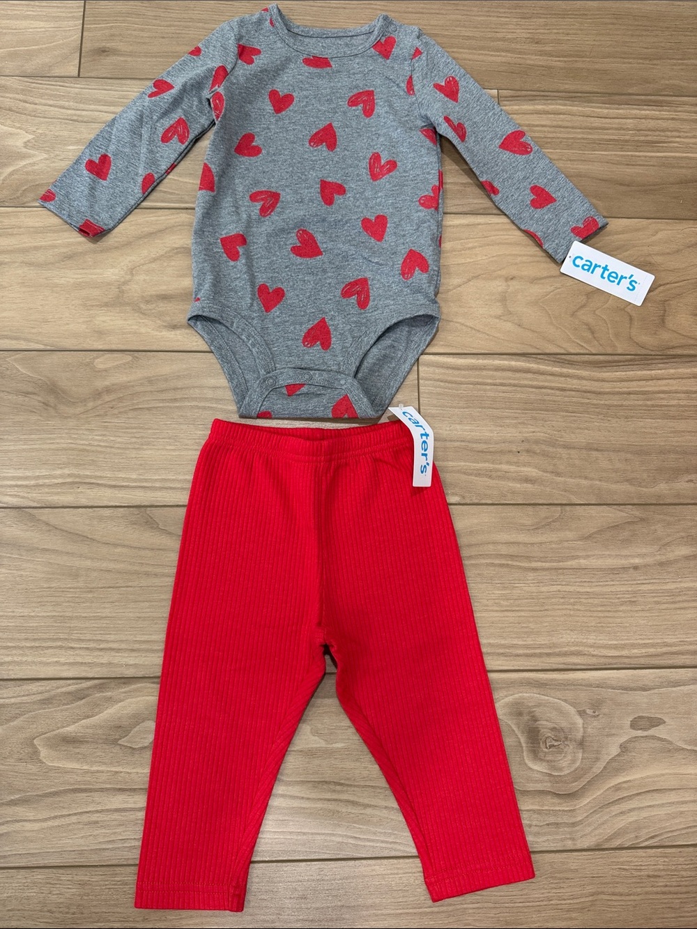 Carter's Gray Bodysuit with Red Hearts & Red Ribbed Pants